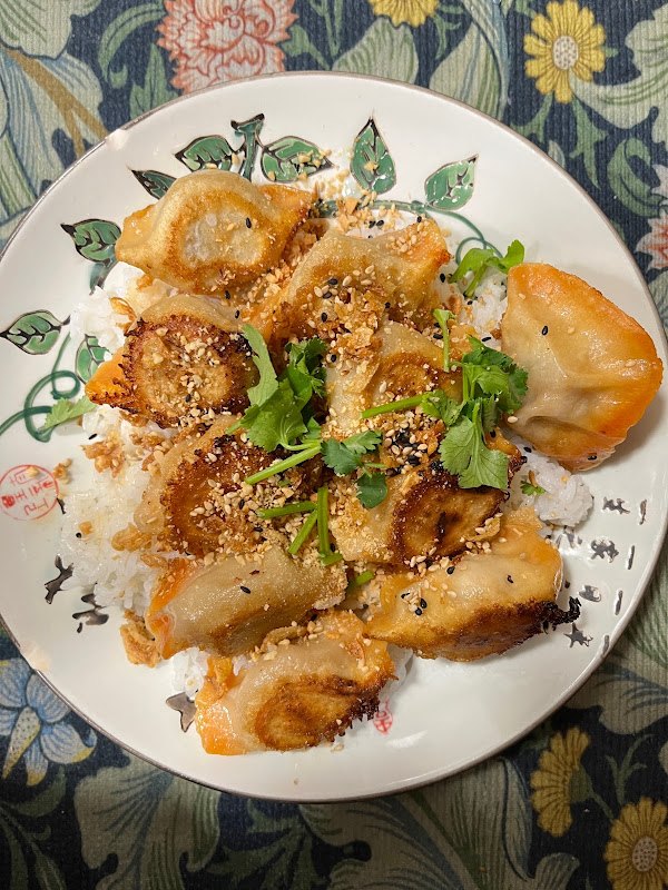 Raviolis grillés dorés sur riz, coriandre et sésame