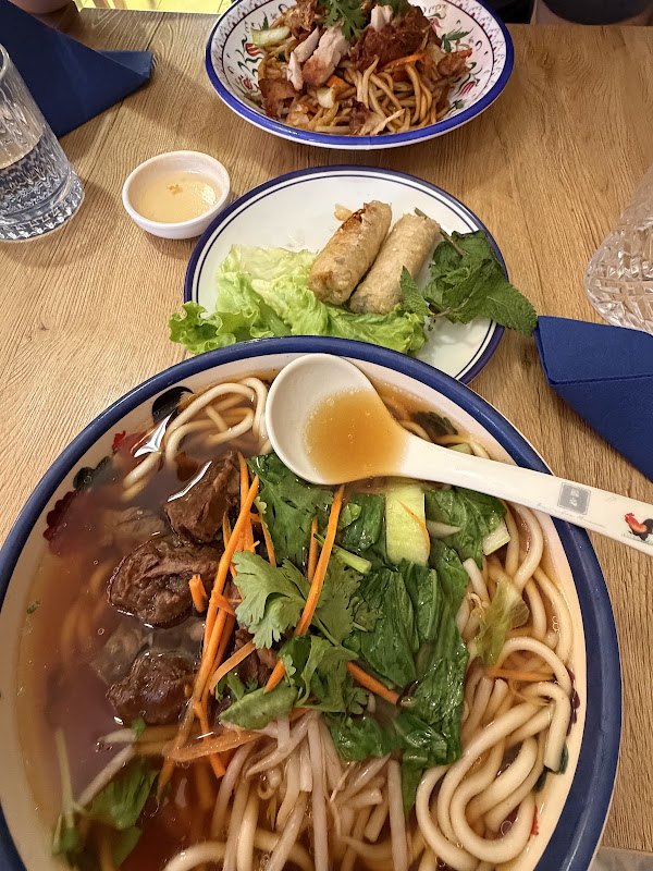 Soupe de nouilles avec viande et légumes verts, nêms en accompagnement